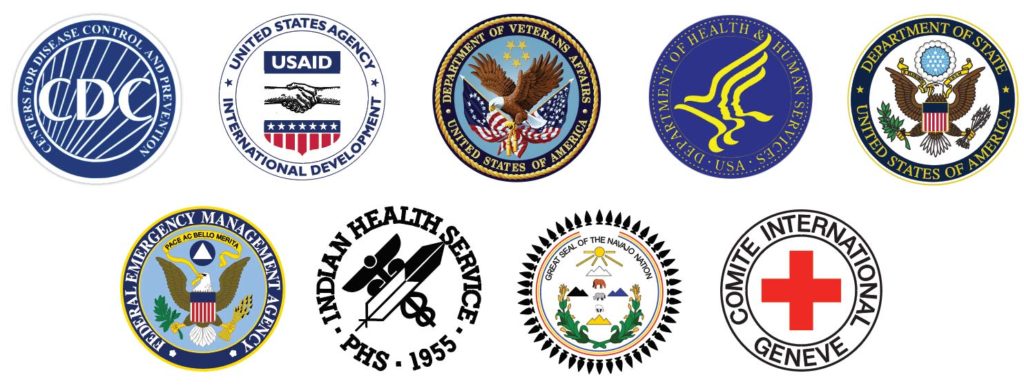 Our clients, US Government seals, CDC, USAID, Department of Veterans Affairs, Department of Health and Human Services, Department of State, FEMA, Indian Health Service, Navajo Nation, International Red Cross